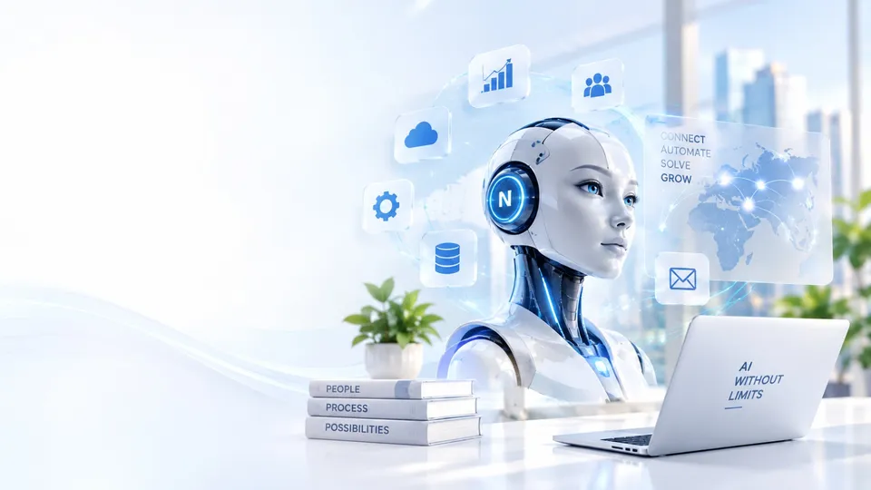 Neo-Ji AI agent represented by a humanoid robot at a workstation